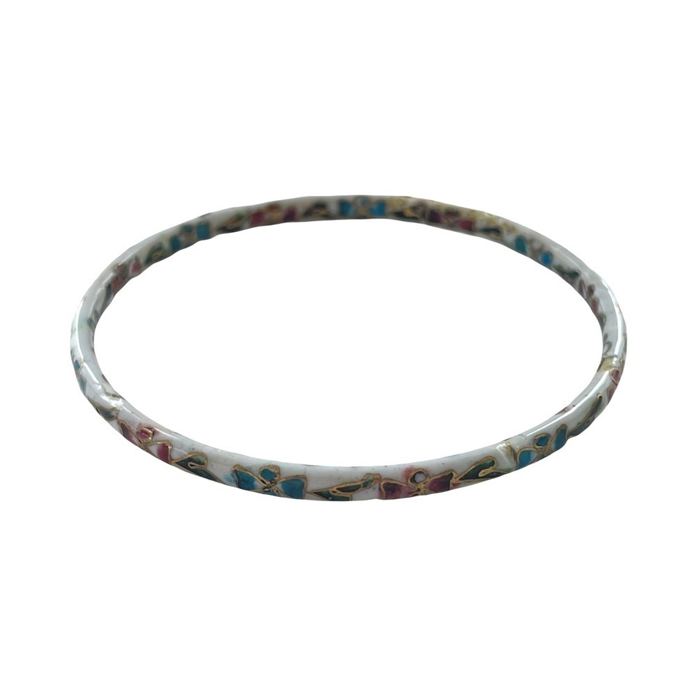 Vintage Cloisonné Enamel Bracelet Individual White with Teal Rose Flowers